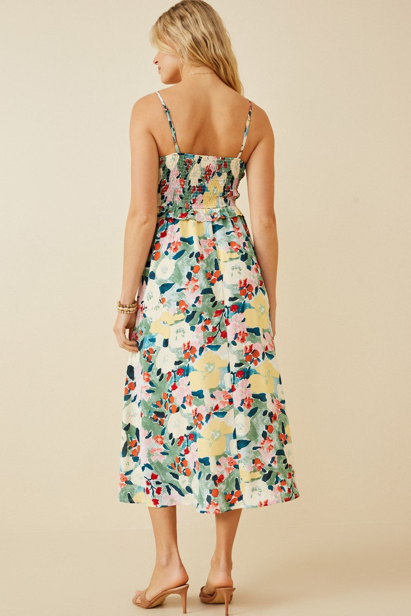 Floral Print Smocked Bust Midi Dress