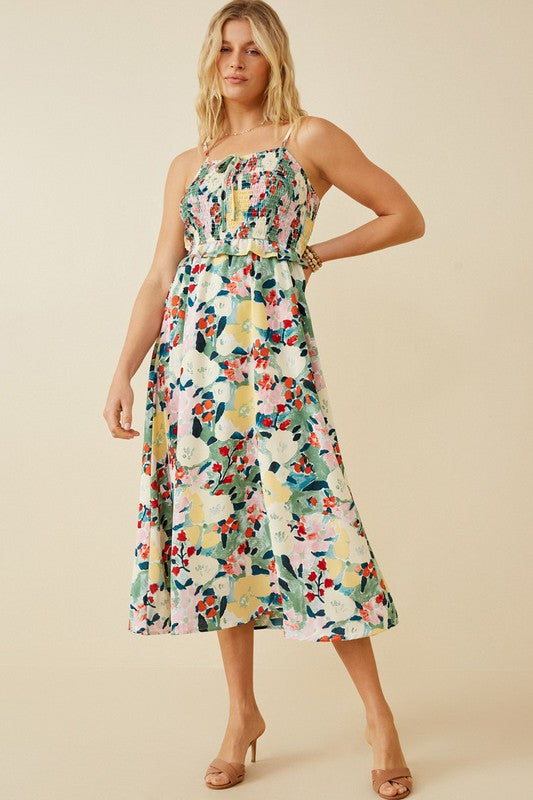 Floral Print Smocked Bust Midi Dress