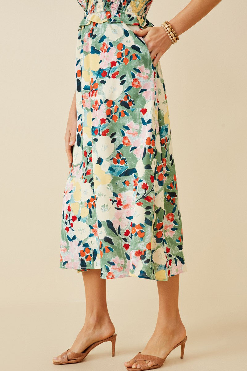 Floral Print Smocked Bust Midi Dress