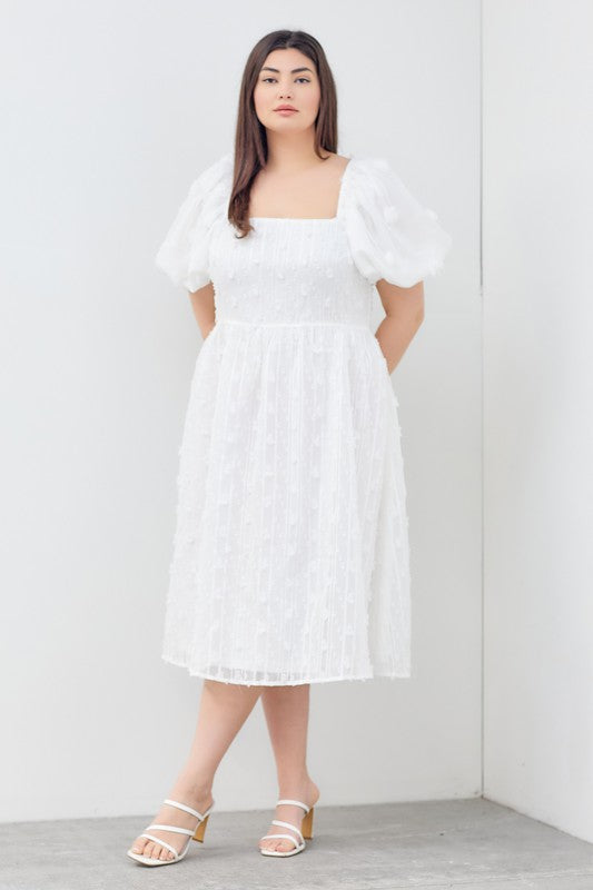 Fuzzy Floral Detail Puff Sleeve Midi Dress (Plus Size)