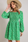 Balloon Sleeve Smocked Floral Print Dress