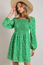 Balloon Sleeve Smocked Floral Print Dress