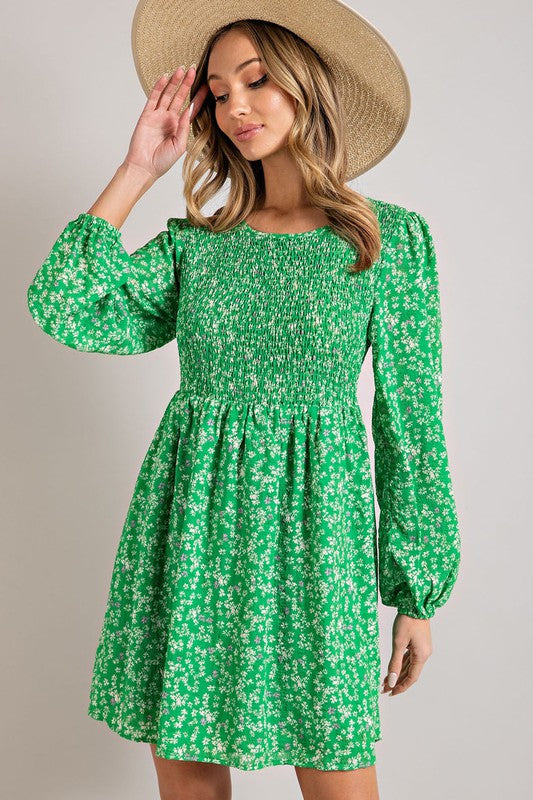 Balloon Sleeve Smocked Floral Print Dress