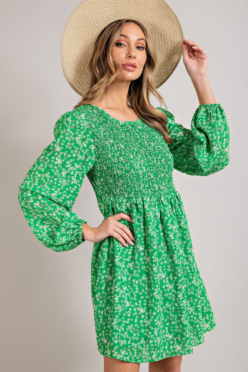 Balloon Sleeve Smocked Floral Print Dress