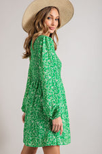 Balloon Sleeve Smocked Floral Print Dress