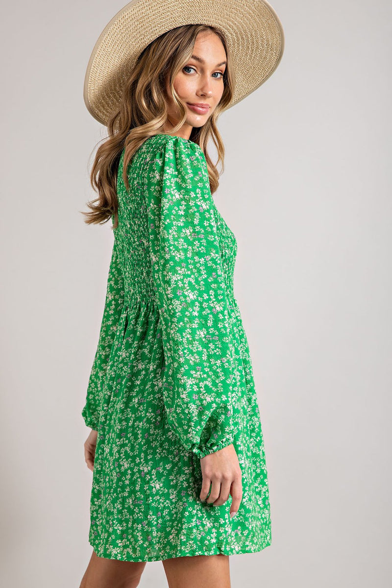 Balloon Sleeve Smocked Floral Print Dress
