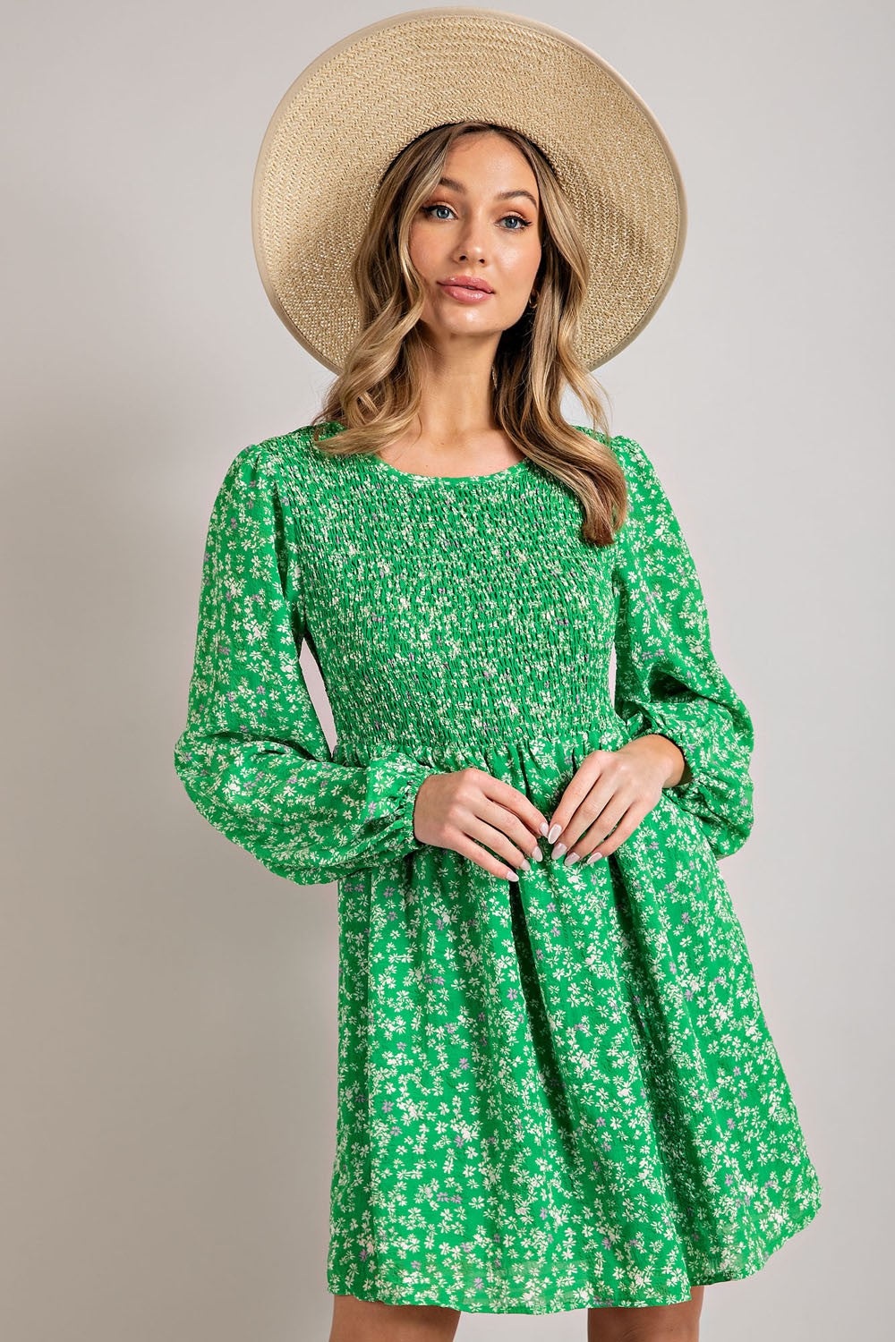 Balloon Sleeve Smocked Floral Print Dress