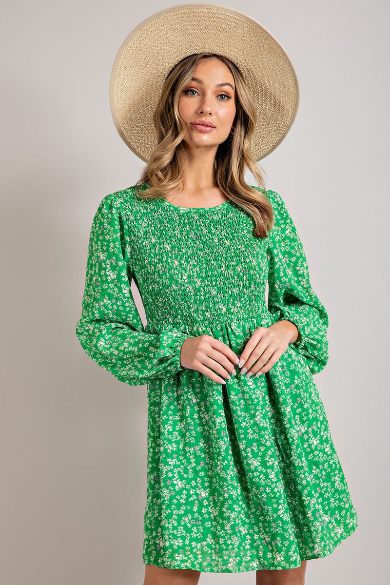 Balloon Sleeve Smocked Floral Print Dress