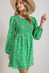 Balloon Sleeve Smocked Floral Print Dress