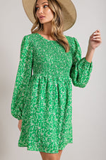 Balloon Sleeve Smocked Floral Print Dress