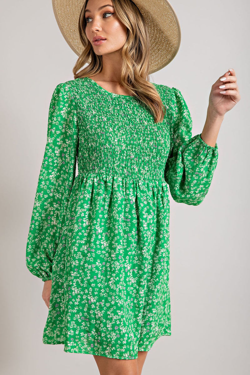Balloon Sleeve Smocked Floral Print Dress