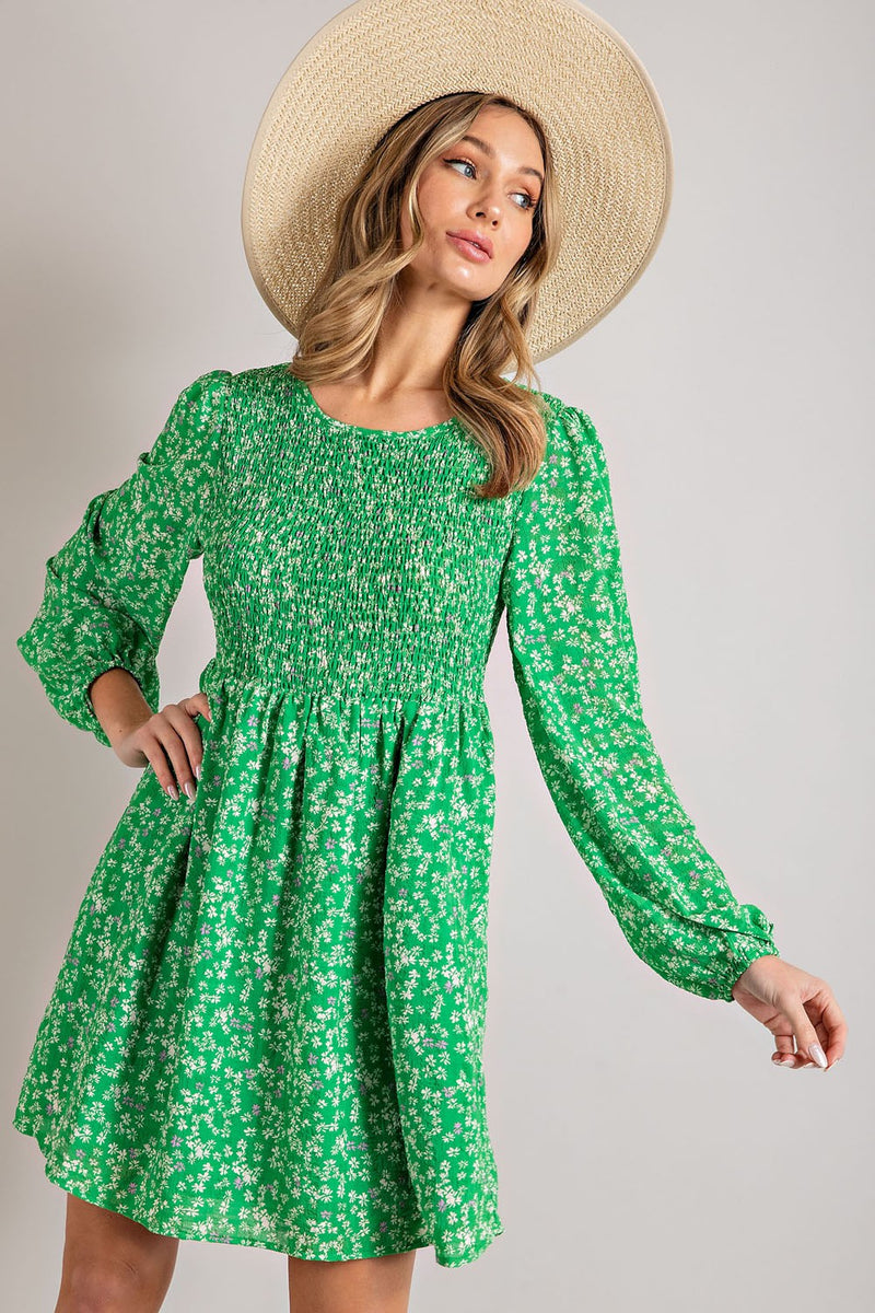 Balloon Sleeve Smocked Floral Print Dress