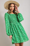 Balloon Sleeve Smocked Floral Print Dress