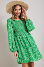 Balloon Sleeve Smocked Floral Print Dress