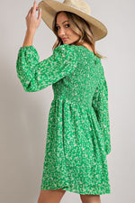 Balloon Sleeve Smocked Floral Print Dress