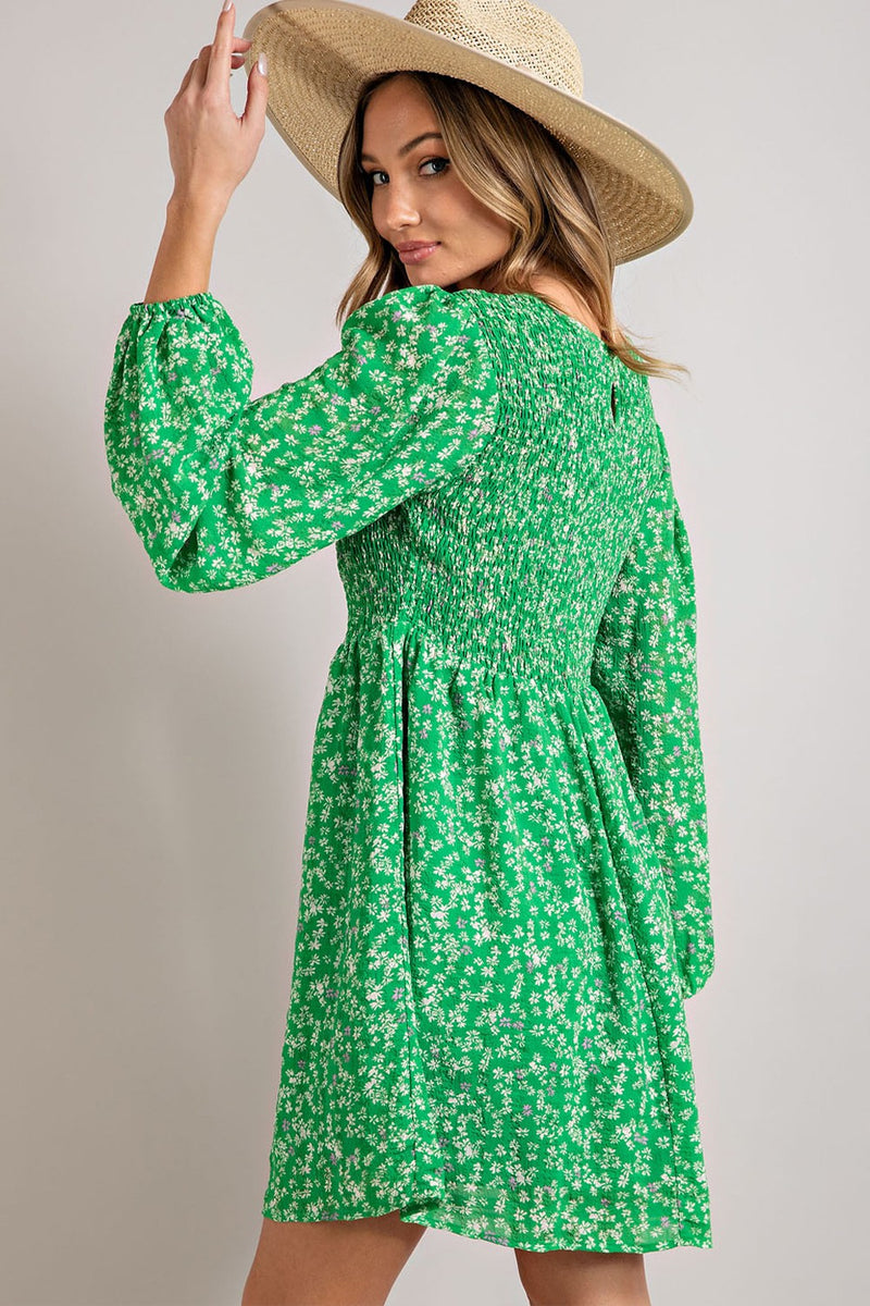 Balloon Sleeve Smocked Floral Print Dress