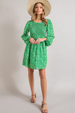 Balloon Sleeve Smocked Floral Print Dress