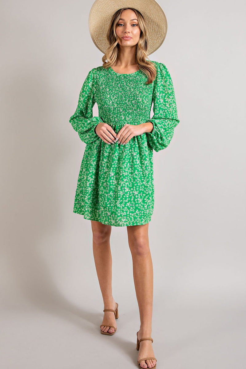 Balloon Sleeve Smocked Floral Print Dress