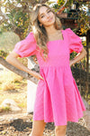 Textured Puff Sleeve Square Neck Dress (Fuchsia)
