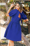 Textured Puff Sleeve Square Neck Dress (Royal Blue)