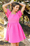Textured Puff Sleeve Square Neck Dress (Fuchsia)