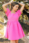 Textured Puff Sleeve Square Neck Dress (Fuchsia)