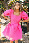 Textured Puff Sleeve Square Neck Dress (Fuchsia)