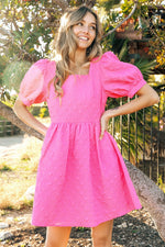 Textured Puff Sleeve Square Neck Dress (Fuchsia)