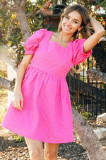 Textured Puff Sleeve Square Neck Dress (Fuchsia)