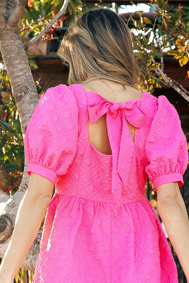 Textured Puff Sleeve Square Neck Dress (Fuchsia)