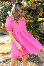 Textured Puff Sleeve Square Neck Dress (Fuchsia)