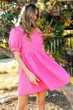 Textured Puff Sleeve Square Neck Dress (Fuchsia)
