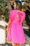 Textured Puff Sleeve Square Neck Dress (Fuchsia)
