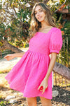 Textured Puff Sleeve Square Neck Dress (Fuchsia)