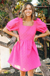 Textured Puff Sleeve Square Neck Dress (Fuchsia)
