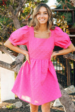 Textured Puff Sleeve Square Neck Dress (Fuchsia)