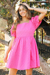 Textured Puff Sleeve Square Neck Dress (Fuchsia)