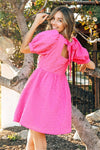 Textured Puff Sleeve Square Neck Dress (Fuchsia)