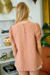 Twist Sleeve Back Button Top (Dusty Coral)