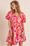 Puff Sleeve Floral Print V-Neck Dress