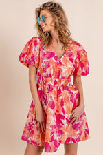 Puff Sleeve Floral Print V-Neck Dress