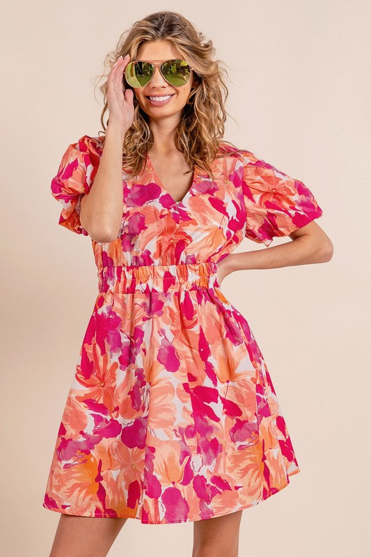 Puff Sleeve Floral Print V-Neck Dress