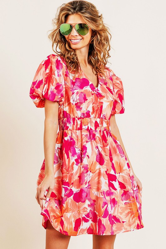 Puff Sleeve Floral Print V-Neck Dress