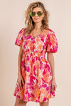 Puff Sleeve Floral Print V-Neck Dress