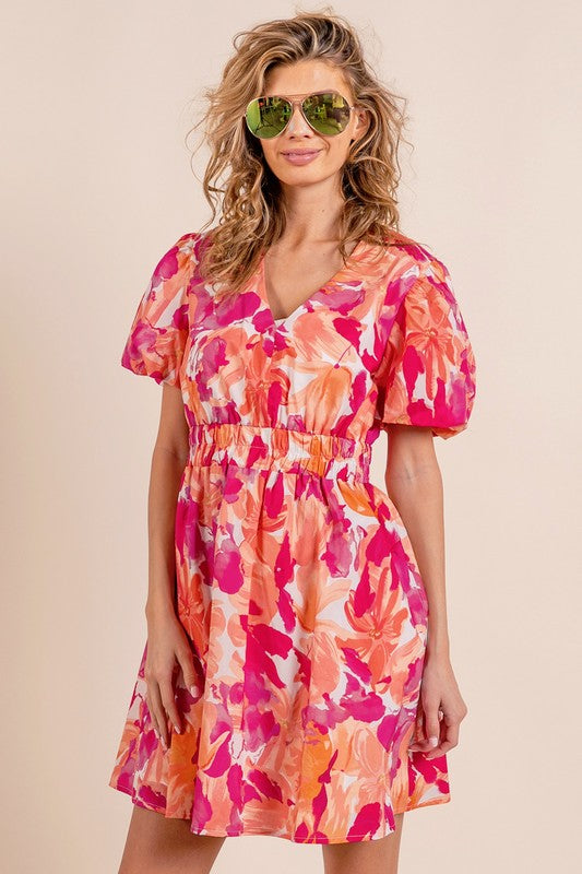 Puff Sleeve Floral Print V-Neck Dress
