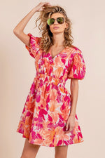 Puff Sleeve Floral Print V-Neck Dress