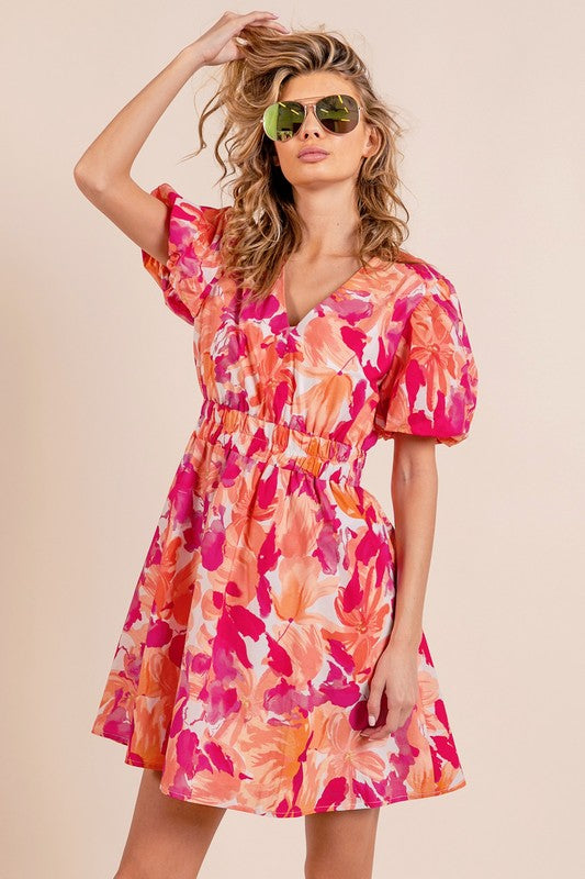 Puff Sleeve Floral Print V-Neck Dress