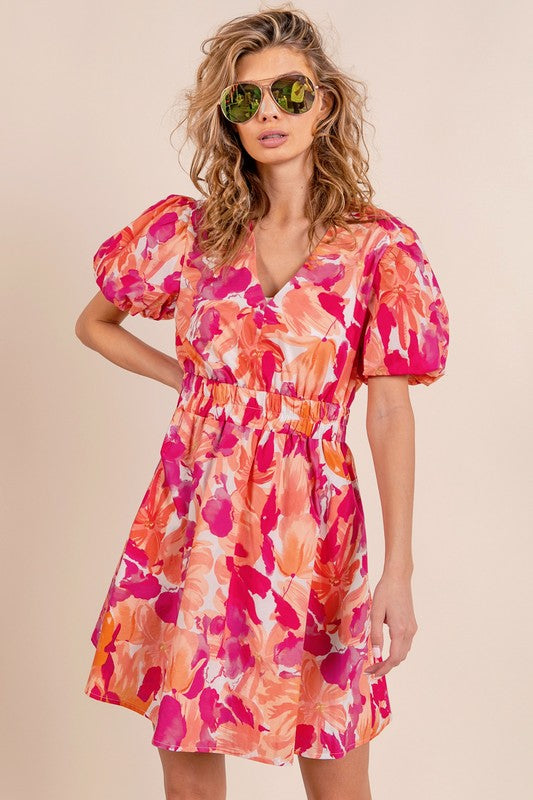Puff Sleeve Floral Print V-Neck Dress