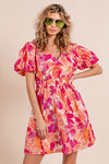 Puff Sleeve Floral Print V-Neck Dress