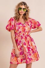 Puff Sleeve Floral Print V-Neck Dress